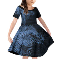 Fiji Palm Leaves Family Matching Off Shoulder Short Dress and Hawaiian Shirt Masi and Tapa Tribal Pattern Blue Color LT03 Daughter's Dress Blue - Polynesian Pride