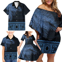 Fiji Palm Leaves Family Matching Off Shoulder Short Dress and Hawaiian Shirt Masi and Tapa Tribal Pattern Blue Color LT03 - Polynesian Pride