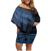 Fiji Palm Leaves Family Matching Off Shoulder Short Dress and Hawaiian Shirt Masi and Tapa Tribal Pattern Blue Color LT03 Mom's Dress Blue - Polynesian Pride