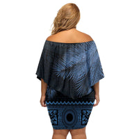 Fiji Palm Leaves Family Matching Off Shoulder Short Dress and Hawaiian Shirt Masi and Tapa Tribal Pattern Blue Color LT03 - Polynesian Pride