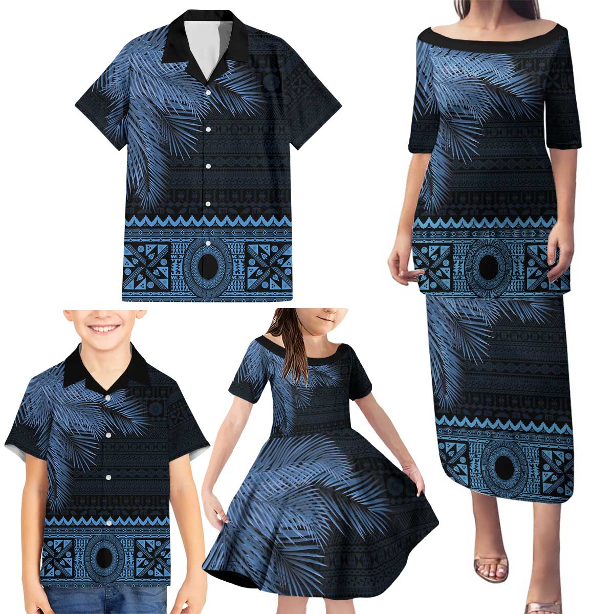 Fiji Palm Leaves Family Matching Puletasi and Hawaiian Shirt Masi and Tapa Tribal Pattern Blue Color LT03 - Polynesian Pride