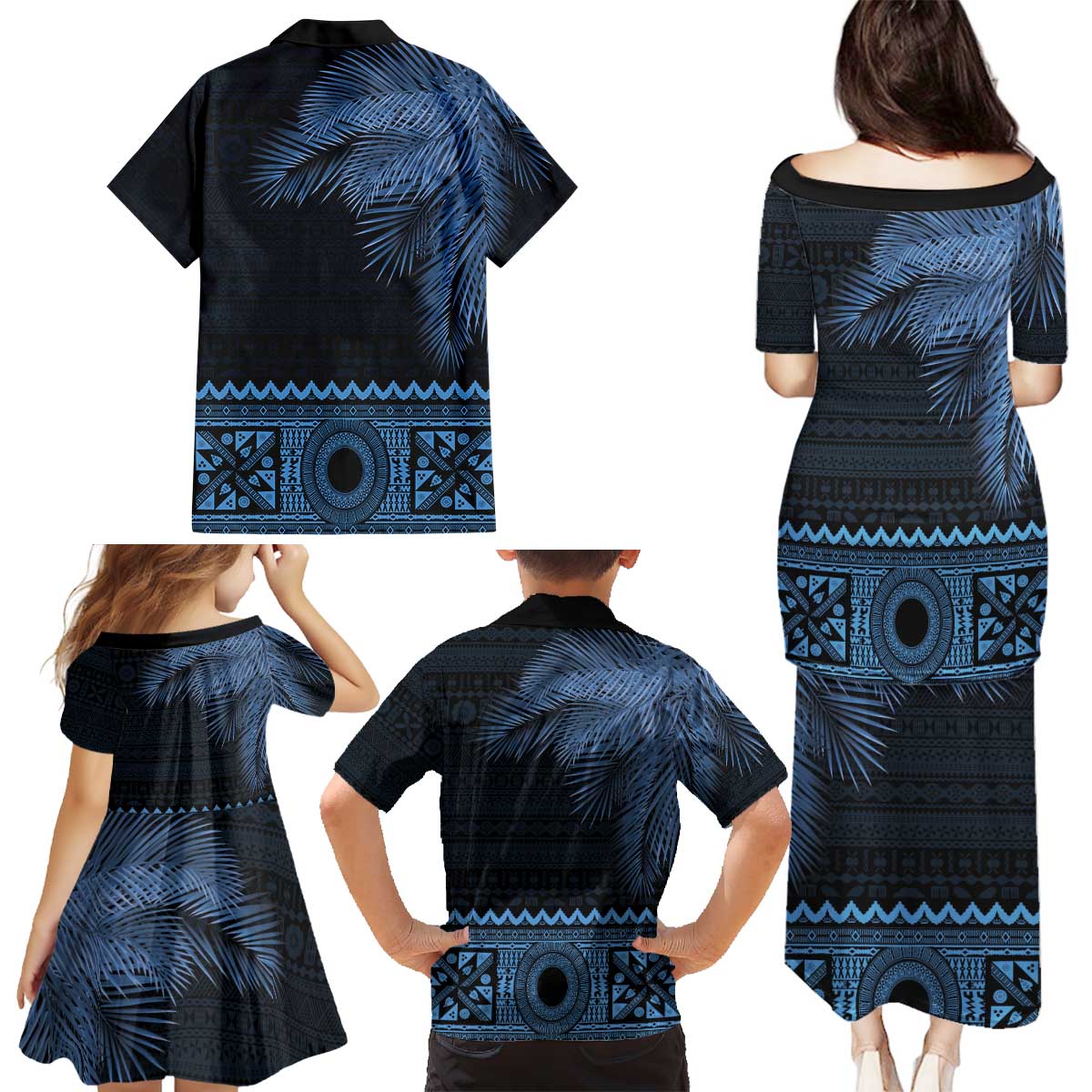 Fiji Palm Leaves Family Matching Puletasi and Hawaiian Shirt Masi and Tapa Tribal Pattern Blue Color LT03 - Polynesian Pride