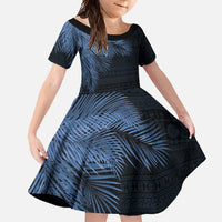 Fiji Palm Leaves Family Matching Summer Maxi Dress and Hawaiian Shirt Masi and Tapa Tribal Pattern Blue Color LT03 Daughter's Dress Blue - Polynesian Pride