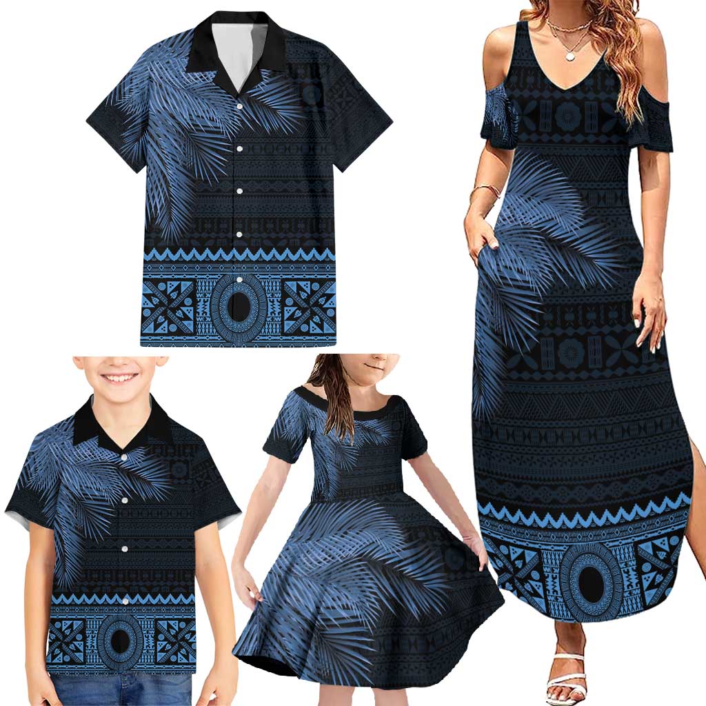 Fiji Palm Leaves Family Matching Summer Maxi Dress and Hawaiian Shirt Masi and Tapa Tribal Pattern Blue Color LT03 - Polynesian Pride