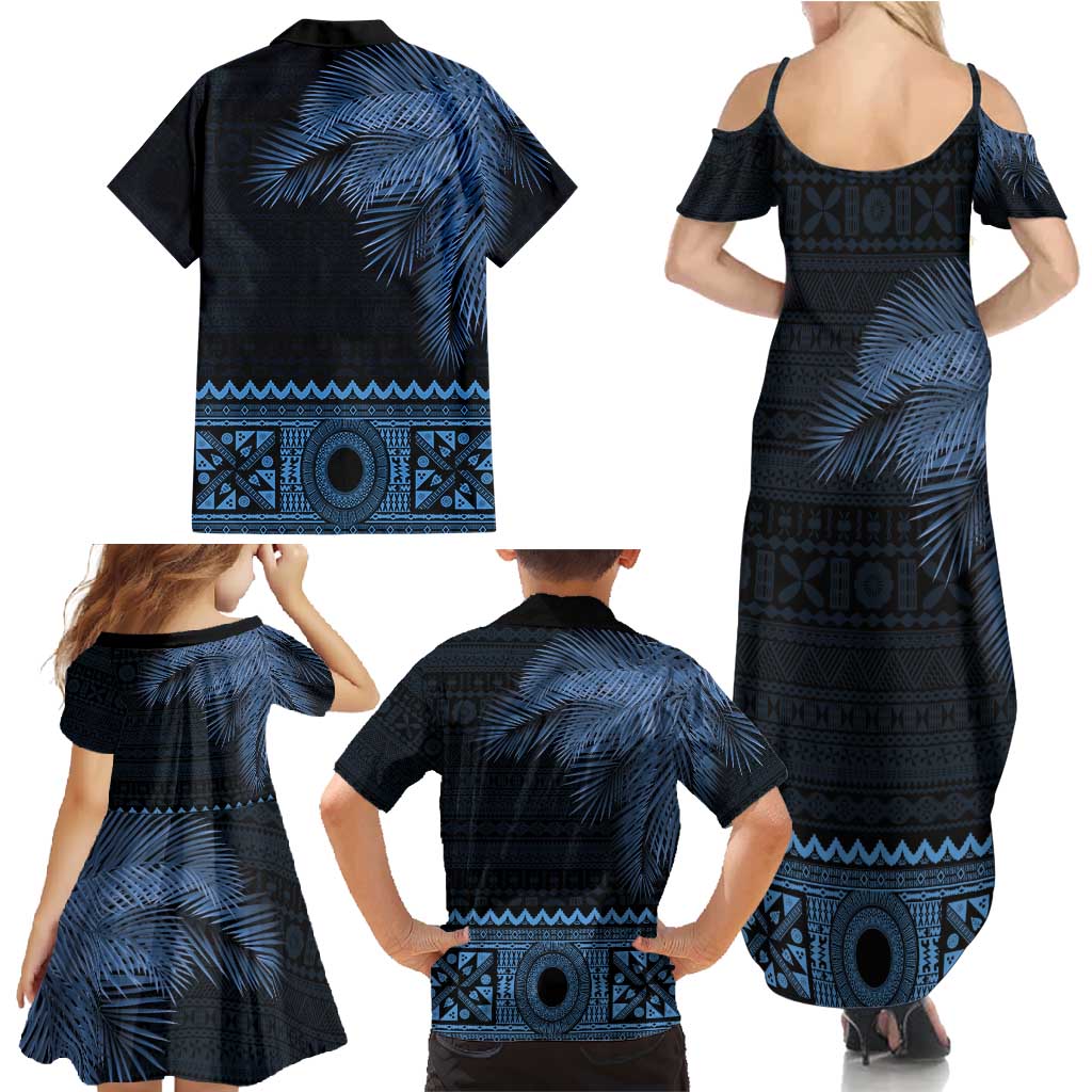 Fiji Palm Leaves Family Matching Summer Maxi Dress and Hawaiian Shirt Masi and Tapa Tribal Pattern Blue Color LT03 - Polynesian Pride