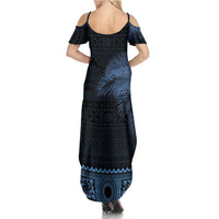 Fiji Palm Leaves Family Matching Summer Maxi Dress and Hawaiian Shirt Masi and Tapa Tribal Pattern Blue Color LT03 - Polynesian Pride
