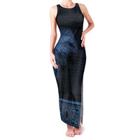 Fiji Palm Leaves Family Matching Tank Maxi Dress and Hawaiian Shirt Masi and Tapa Tribal Pattern Blue Color LT03 Mom's Dress Blue - Polynesian Pride