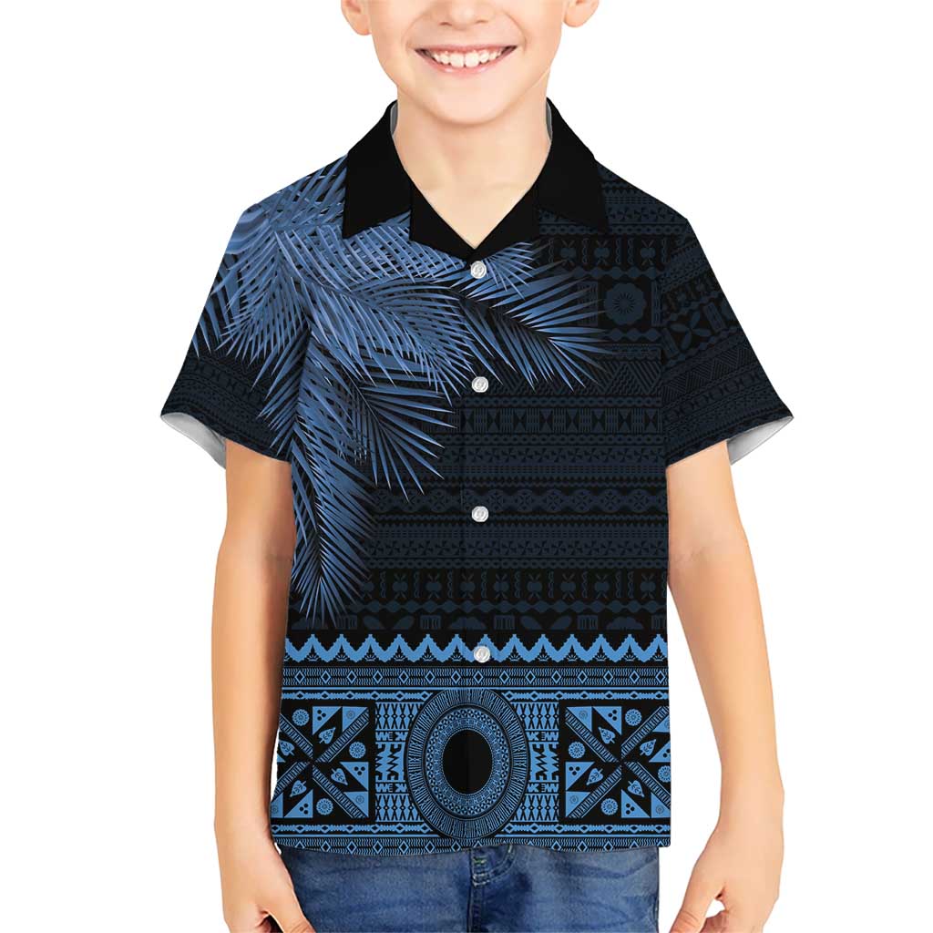 Fiji Palm Leaves Kid Hawaiian Shirt Masi and Tapa Tribal Pattern Blue Color LT03 Kid Blue - Polynesian Pride