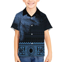 Fiji Palm Leaves Kid Hawaiian Shirt Masi and Tapa Tribal Pattern Blue Color LT03 Kid Blue - Polynesian Pride