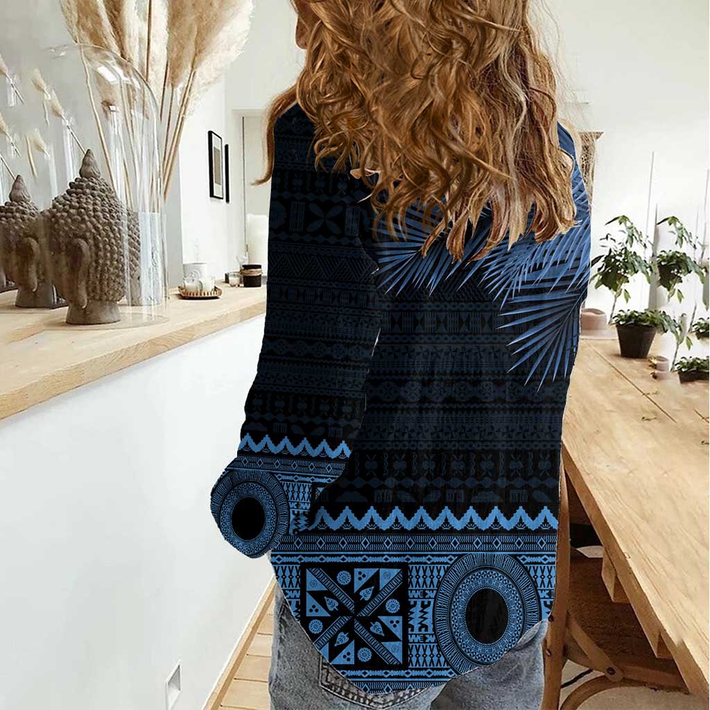 Fiji Palm Leaves Women Casual Shirt Masi and Tapa Tribal Pattern Blue Color LT03 - Polynesian Pride