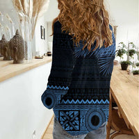 Fiji Palm Leaves Women Casual Shirt Masi and Tapa Tribal Pattern Blue Color LT03 - Polynesian Pride
