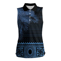 Fiji Palm Leaves Women Sleeveless Polo Shirt Masi and Tapa Tribal Pattern Blue Color LT03 Female Blue - Polynesian Pride
