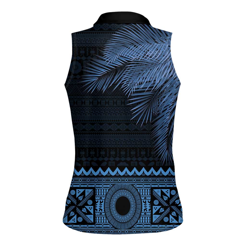 Fiji Palm Leaves Women Sleeveless Polo Shirt Masi and Tapa Tribal Pattern Blue Color LT03 - Polynesian Pride