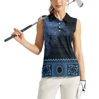 Fiji Palm Leaves Women Sleeveless Polo Shirt Masi and Tapa Tribal Pattern Blue Color LT03 - Polynesian Pride