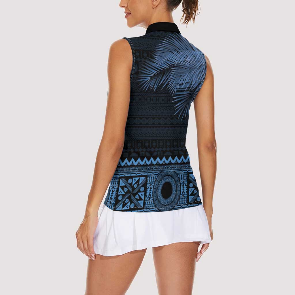 Fiji Palm Leaves Women Sleeveless Polo Shirt Masi and Tapa Tribal Pattern Blue Color LT03 - Polynesian Pride