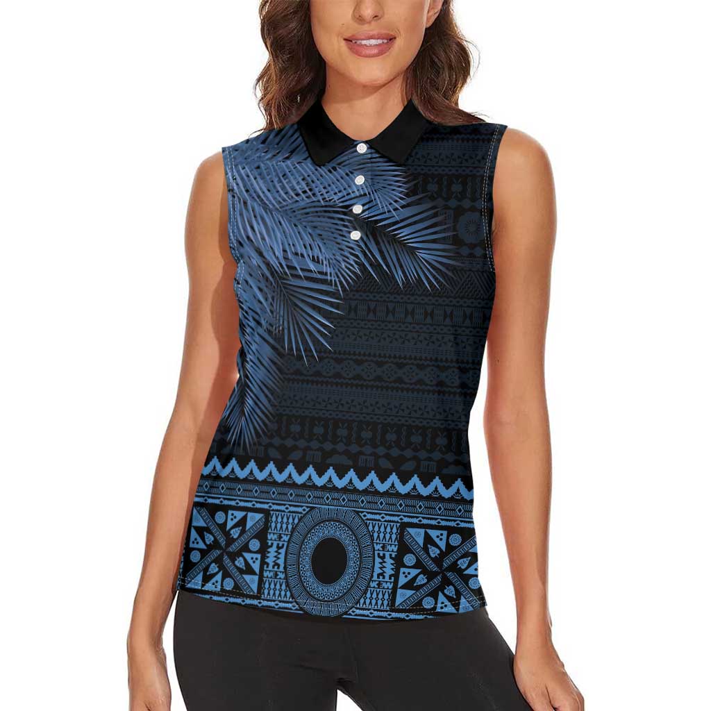 Fiji Palm Leaves Women Sleeveless Polo Shirt Masi and Tapa Tribal Pattern Blue Color LT03 - Polynesian Pride