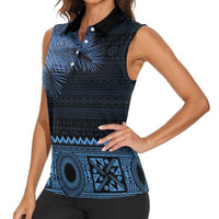 Fiji Palm Leaves Women Sleeveless Polo Shirt Masi and Tapa Tribal Pattern Blue Color LT03 - Polynesian Pride