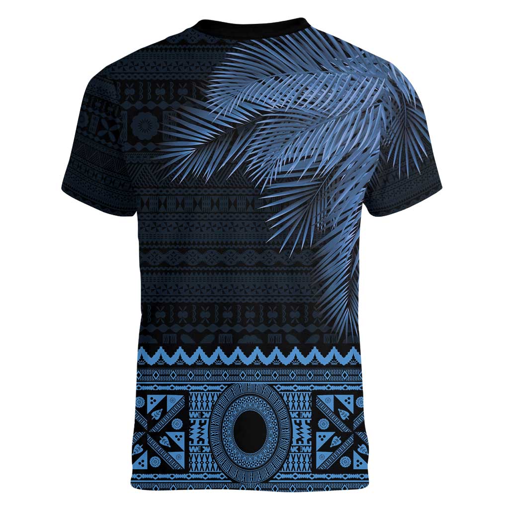 Fiji Palm Leaves Women V-Neck T-Shirt Masi and Tapa Tribal Pattern Blue Color LT03 - Polynesian Pride