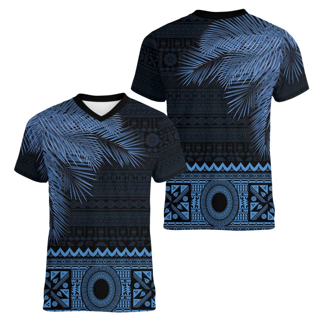 Fiji Palm Leaves Women V-Neck T-Shirt Masi and Tapa Tribal Pattern Blue Color LT03 - Polynesian Pride