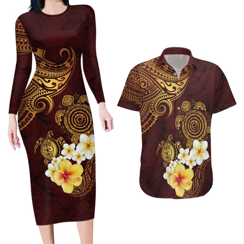 Polynesian Turtle Couples Matching Long Sleeve Bodycon Dress and Hawaiian Shirt Plumeria Hibiscus Pattern Oxblood LT03 Oxblood - Polynesian Pride