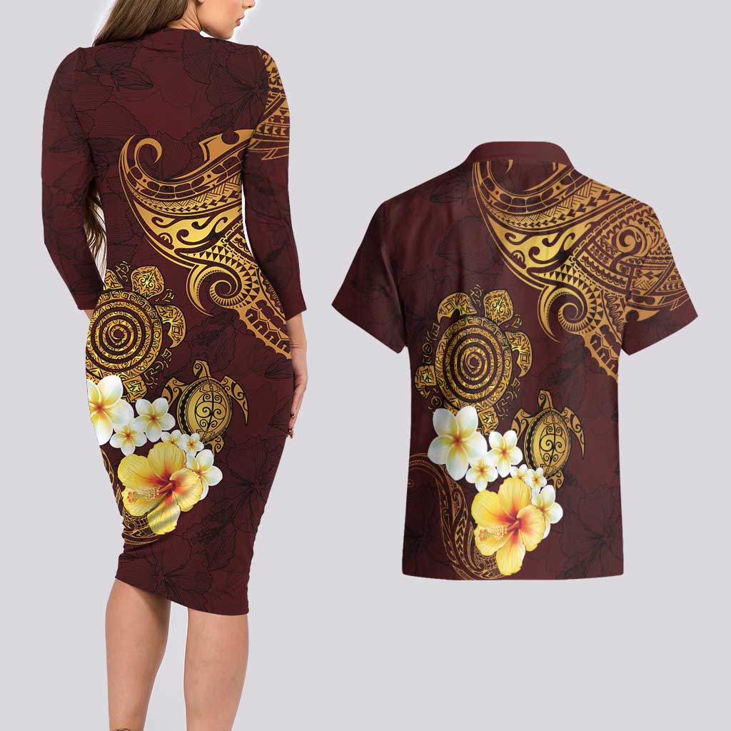 Polynesian Turtle Couples Matching Long Sleeve Bodycon Dress and Hawaiian Shirt Plumeria Hibiscus Pattern Oxblood LT03 - Polynesian Pride