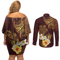 Polynesian Turtle Couples Matching Off Shoulder Short Dress and Long Sleeve Button Shirt Plumeria Hibiscus Pattern Oxblood LT03 - Polynesian Pride