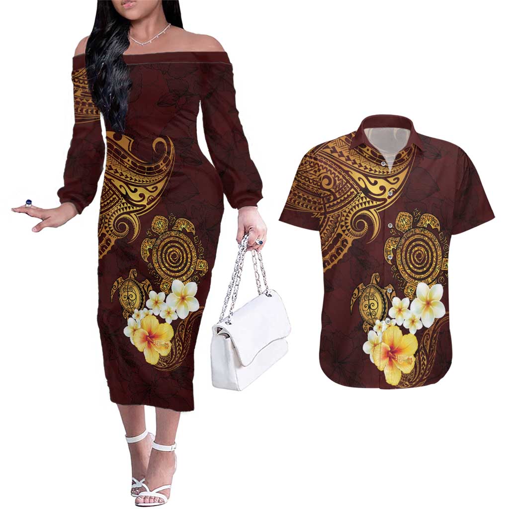Polynesian Turtle Couples Matching Off The Shoulder Long Sleeve Dress and Hawaiian Shirt Plumeria Hibiscus Pattern Oxblood LT03 Oxblood - Polynesian Pride