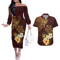 Polynesian Turtle Couples Matching Off The Shoulder Long Sleeve Dress and Hawaiian Shirt Plumeria Hibiscus Pattern Oxblood LT03 Oxblood - Polynesian Pride