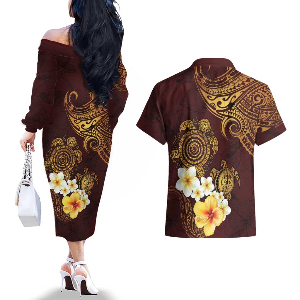 Polynesian Turtle Couples Matching Off The Shoulder Long Sleeve Dress and Hawaiian Shirt Plumeria Hibiscus Pattern Oxblood LT03 - Polynesian Pride