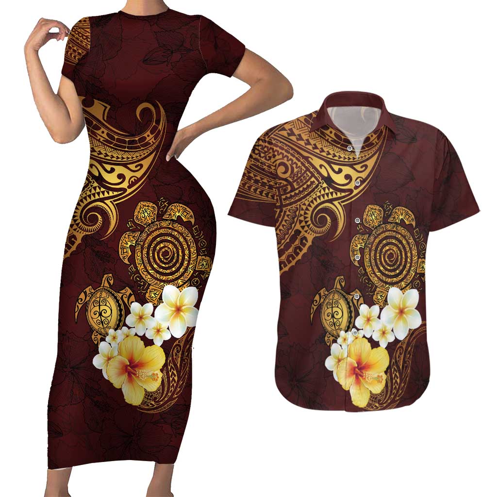 Polynesian Turtle Couples Matching Short Sleeve Bodycon Dress and Hawaiian Shirt Plumeria Hibiscus Pattern Oxblood LT03 Oxblood - Polynesian Pride