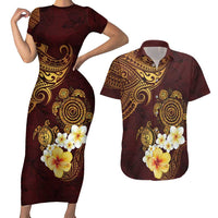 Polynesian Turtle Couples Matching Short Sleeve Bodycon Dress and Hawaiian Shirt Plumeria Hibiscus Pattern Oxblood LT03 Oxblood - Polynesian Pride