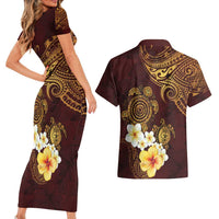 Polynesian Turtle Couples Matching Short Sleeve Bodycon Dress and Hawaiian Shirt Plumeria Hibiscus Pattern Oxblood LT03 - Polynesian Pride
