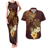 Polynesian Turtle Couples Matching Tank Maxi Dress and Hawaiian Shirt Plumeria Hibiscus Pattern Oxblood