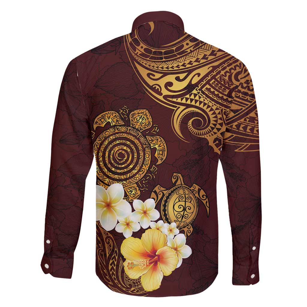 Polynesian Turtle Family Matching Long Sleeve Bodycon Dress and Hawaiian Shirt Plumeria Hibiscus Pattern Oxblood LT03 - Polynesian Pride