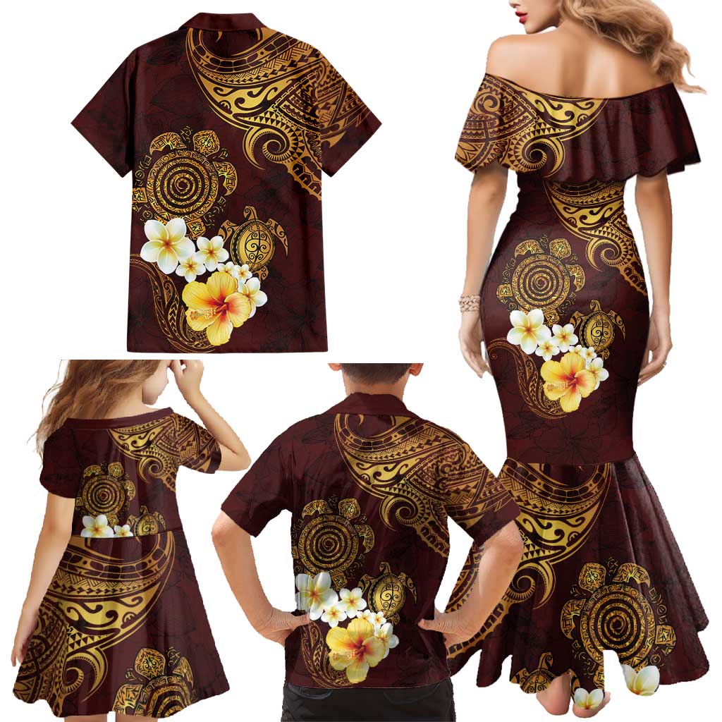 Polynesian Turtle Family Matching Mermaid Dress and Hawaiian Shirt Plumeria Hibiscus Pattern Oxblood LT03 - Polynesian Pride