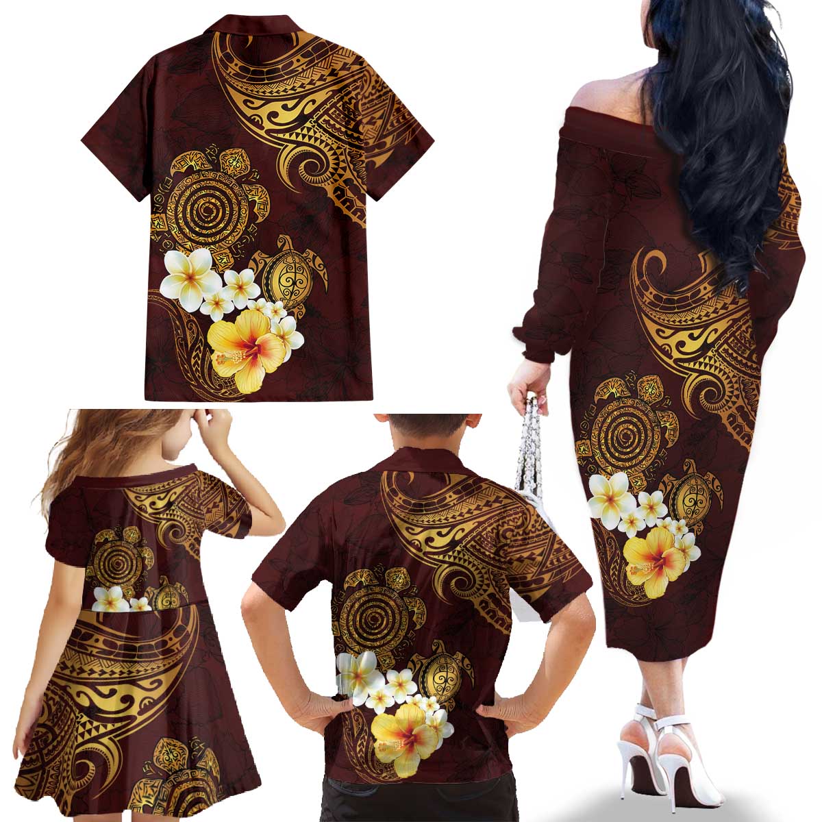 Polynesian Turtle Family Matching Off The Shoulder Long Sleeve Dress and Hawaiian Shirt Plumeria Hibiscus Pattern Oxblood LT03 - Polynesian Pride