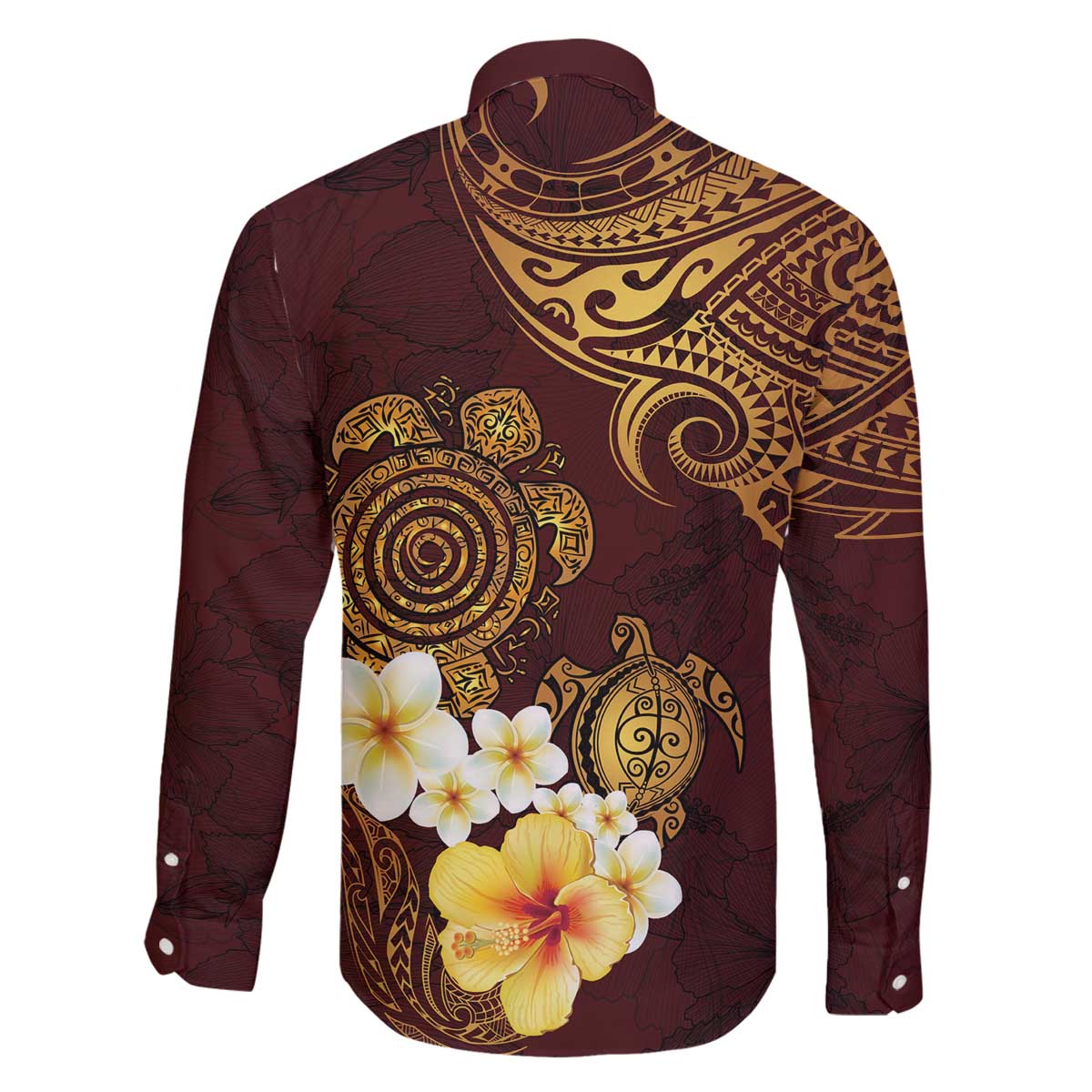 Polynesian Turtle Family Matching Off The Shoulder Long Sleeve Dress and Hawaiian Shirt Plumeria Hibiscus Pattern Oxblood LT03 - Polynesian Pride