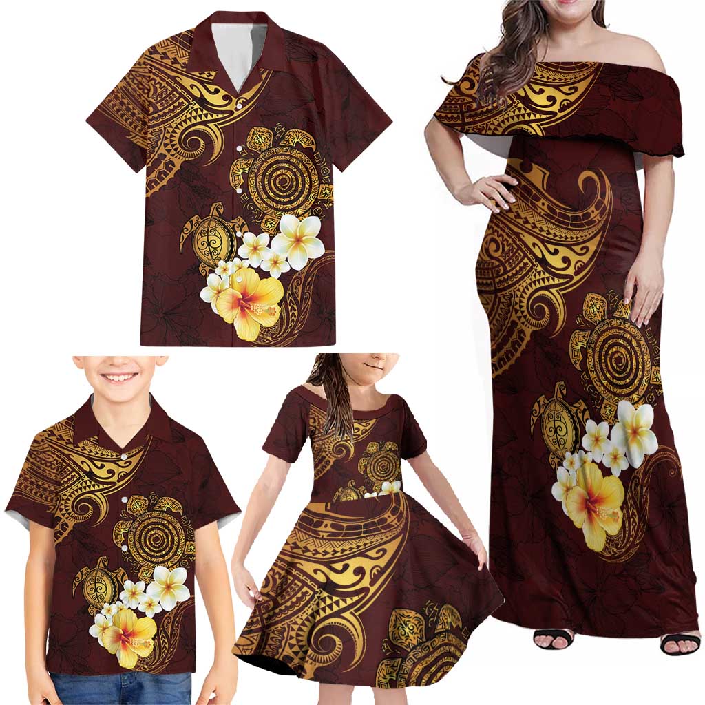 Polynesian Turtle Family Matching Off Shoulder Maxi Dress and Hawaiian Shirt Plumeria Hibiscus Pattern Oxblood LT03 - Polynesian Pride