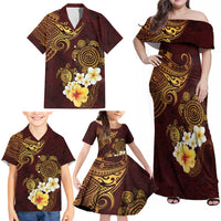 Polynesian Turtle Family Matching Off Shoulder Maxi Dress and Hawaiian Shirt Plumeria Hibiscus Pattern Oxblood LT03 - Polynesian Pride