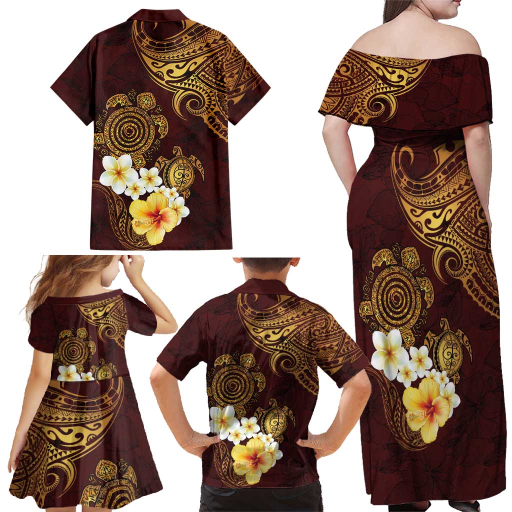 Polynesian Turtle Family Matching Off Shoulder Maxi Dress and Hawaiian Shirt Plumeria Hibiscus Pattern Oxblood LT03 - Polynesian Pride