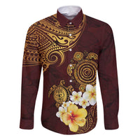 Polynesian Turtle Family Matching Off Shoulder Maxi Dress and Hawaiian Shirt Plumeria Hibiscus Pattern Oxblood LT03 Dad's Shirt - Long Sleeve Oxblood - Polynesian Pride