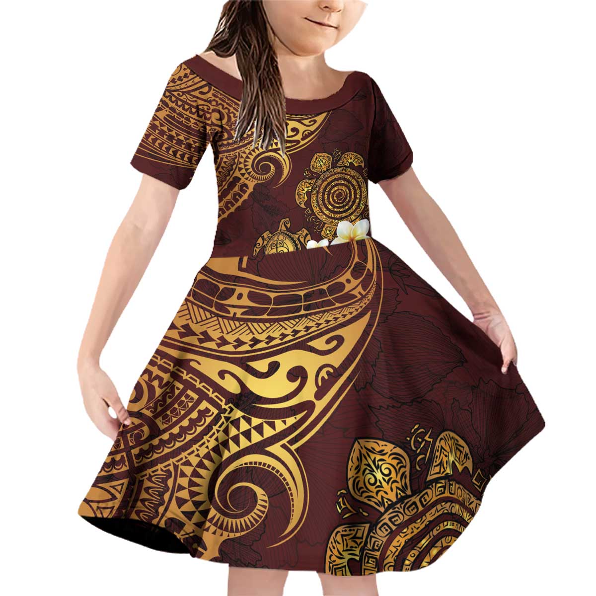 Polynesian Turtle Family Matching Off Shoulder Short Dress and Hawaiian Shirt Plumeria Hibiscus Pattern Oxblood LT03 Daughter's Dress Oxblood - Polynesian Pride