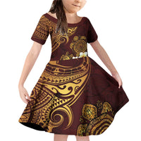 Polynesian Turtle Family Matching Off Shoulder Short Dress and Hawaiian Shirt Plumeria Hibiscus Pattern Oxblood LT03 Daughter's Dress Oxblood - Polynesian Pride