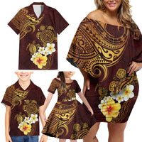 Polynesian Turtle Family Matching Off Shoulder Short Dress and Hawaiian Shirt Plumeria Hibiscus Pattern Oxblood LT03 - Polynesian Pride
