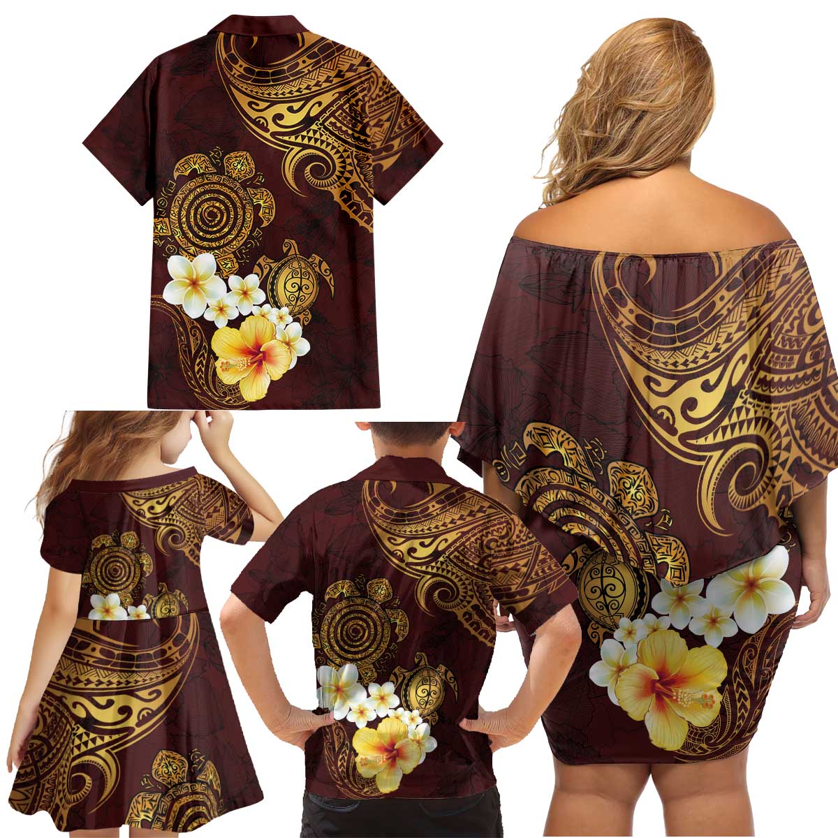Polynesian Turtle Family Matching Off Shoulder Short Dress and Hawaiian Shirt Plumeria Hibiscus Pattern Oxblood LT03 - Polynesian Pride