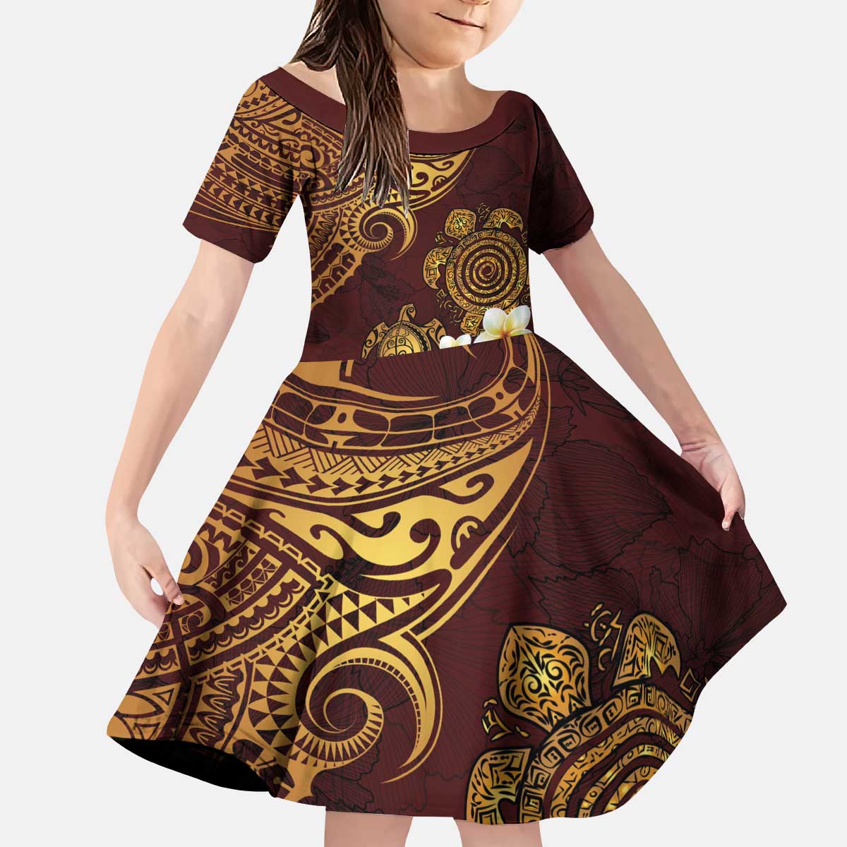 Polynesian Turtle Family Matching Puletasi and Hawaiian Shirt Plumeria Hibiscus Pattern Oxblood LT03 Daughter's Dress Oxblood - Polynesian Pride