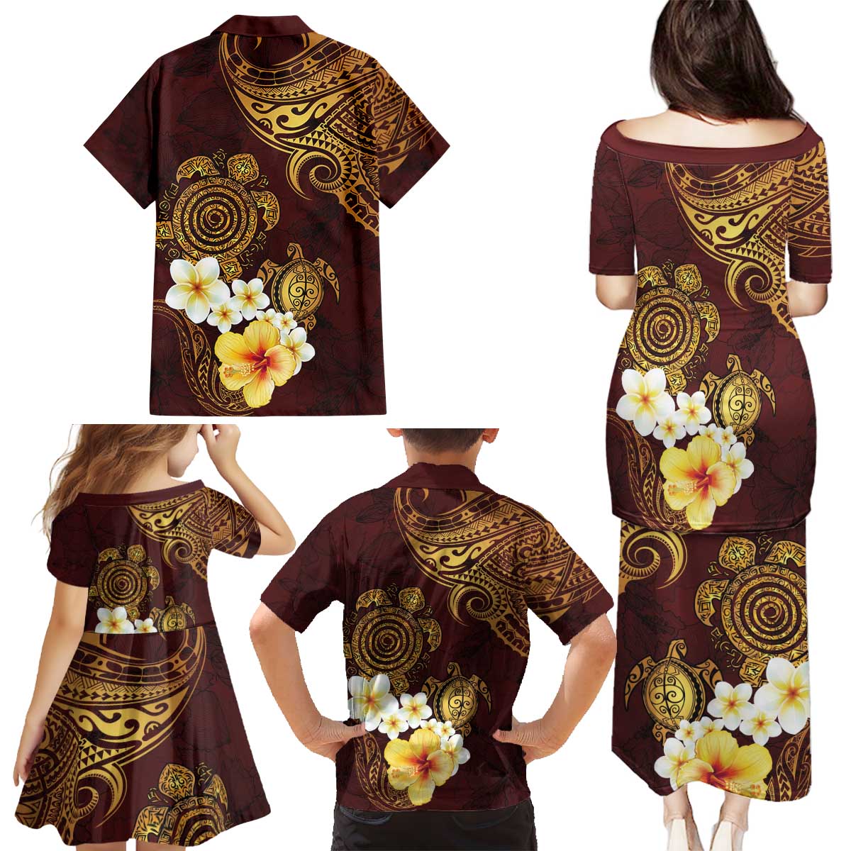 Polynesian Turtle Family Matching Puletasi and Hawaiian Shirt Plumeria Hibiscus Pattern Oxblood LT03 - Polynesian Pride
