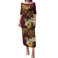 Polynesian Turtle Family Matching Puletasi and Hawaiian Shirt Plumeria Hibiscus Pattern Oxblood LT03 Mom's Dress Oxblood - Polynesian Pride