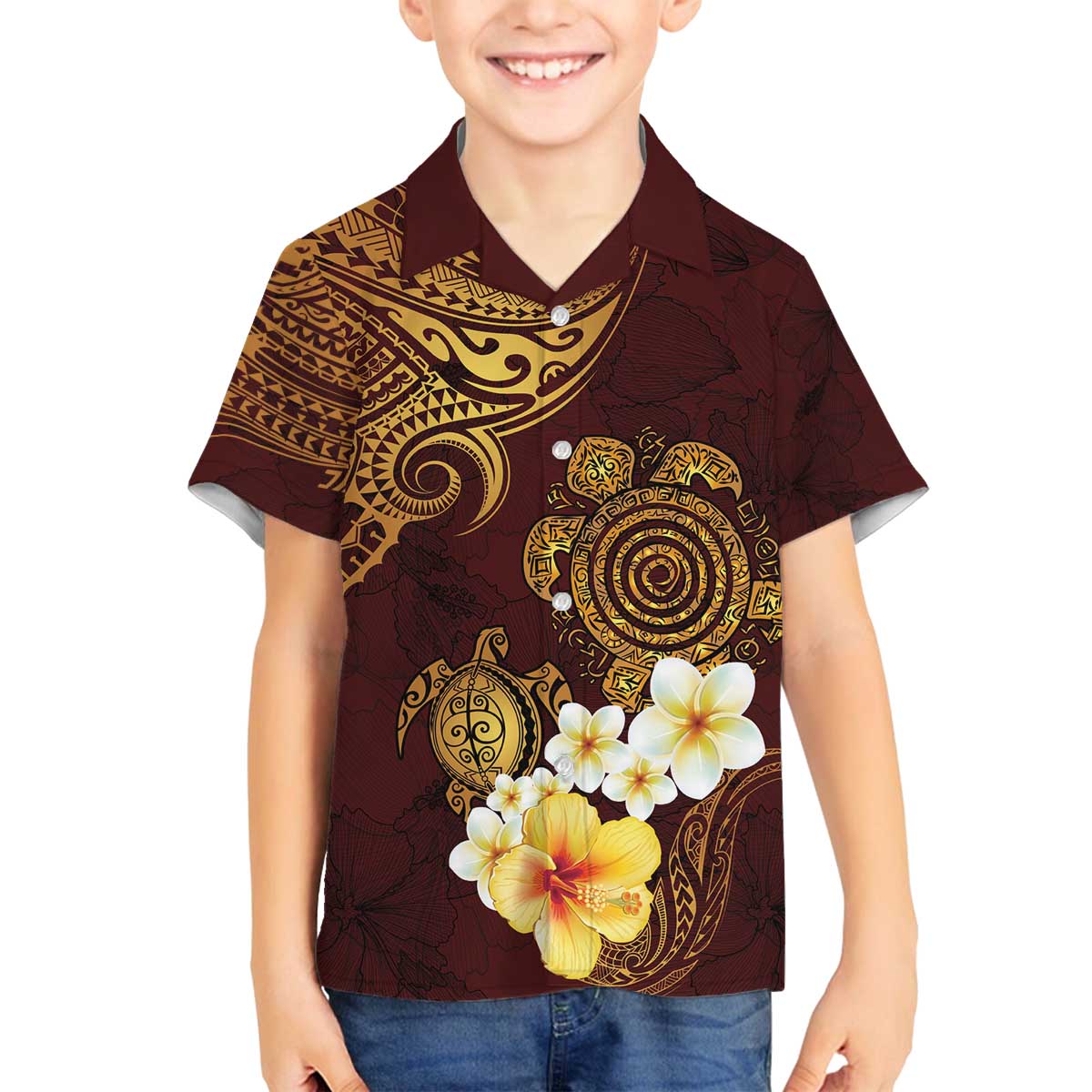 Polynesian Turtle Family Matching Puletasi and Hawaiian Shirt Plumeria Hibiscus Pattern Oxblood LT03 Son's Shirt Oxblood - Polynesian Pride