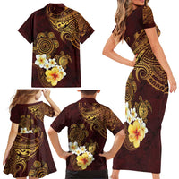 Polynesian Turtle Family Matching Short Sleeve Bodycon Dress and Hawaiian Shirt Plumeria Hibiscus Pattern Oxblood LT03 - Polynesian Pride